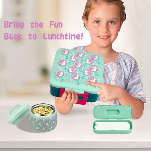 Bento Lunch Box for Kids with 5 Compartments and Thermos, Blue Dinosaur G749