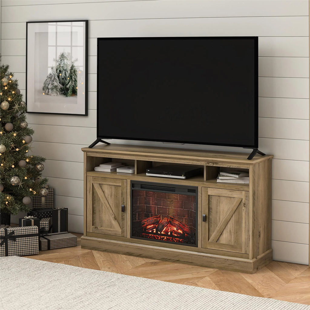 Ameriwood Home Ashton Lane Electric Fireplace TV Stand for TVs up to 65, Black Oak D206311