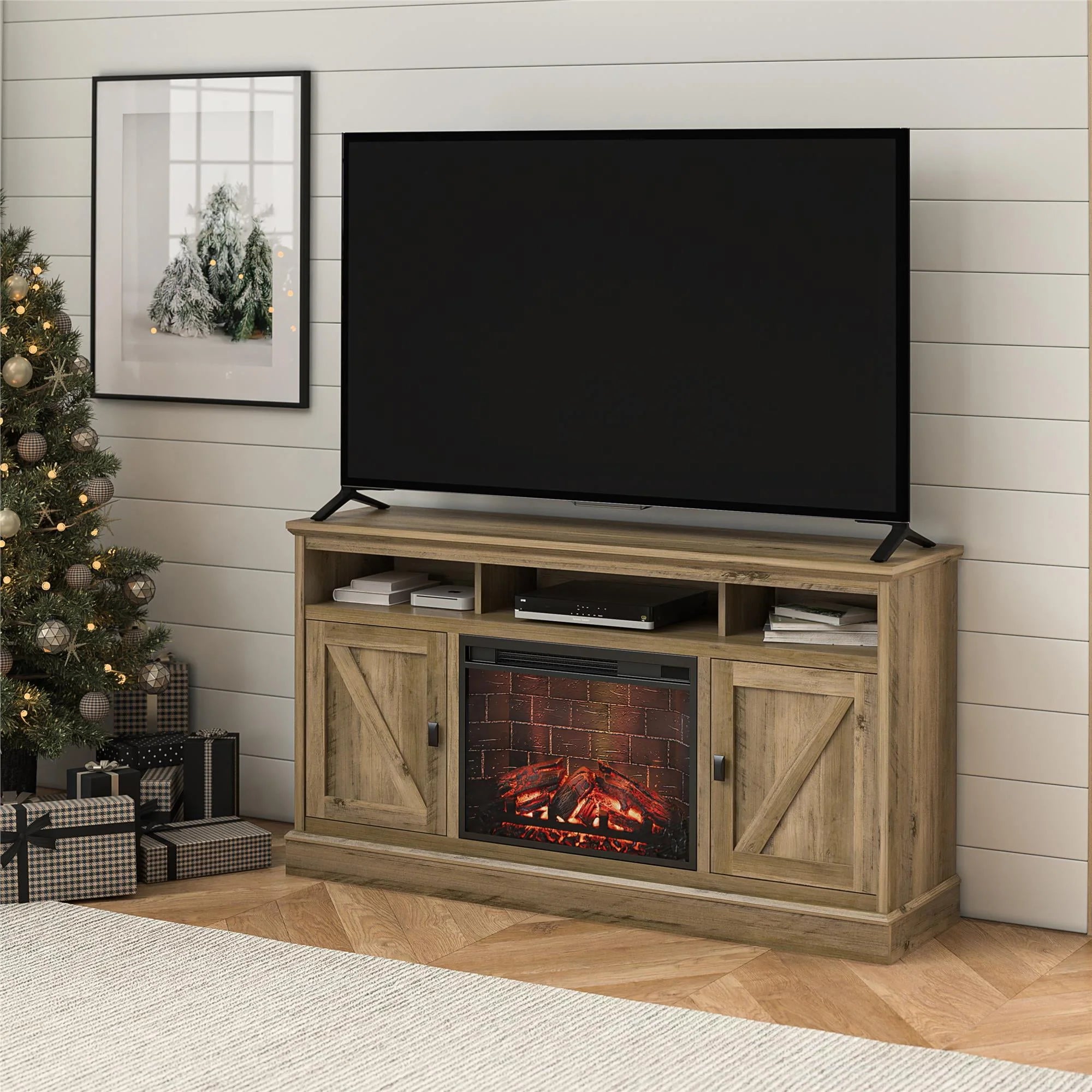 Ameriwood Home Ashton Lane Electric Fireplace TV Stand for TVs up to 65, Black Oak D206311