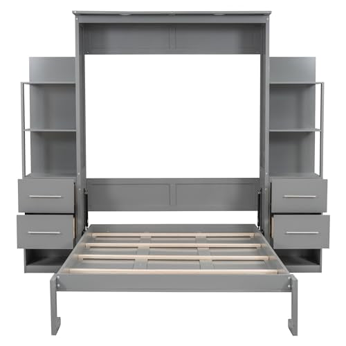 MERITLINE Queen Murphy Bed with Storage Drawers, LED Lights and Shelves, Grey P714