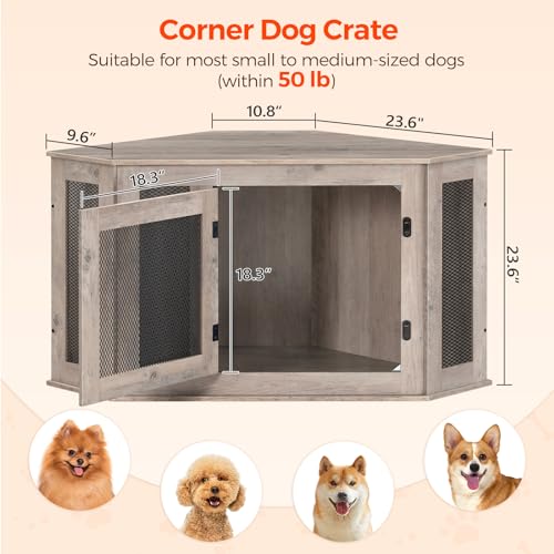 Corner Dog Crate Furniture Wooden Kennel End Table for Small Medium Dogs Greige and Black V3428