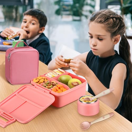 Bento Lunch Box for Kids with 5 Compartments and Thermos, Blue Dinosaur G749