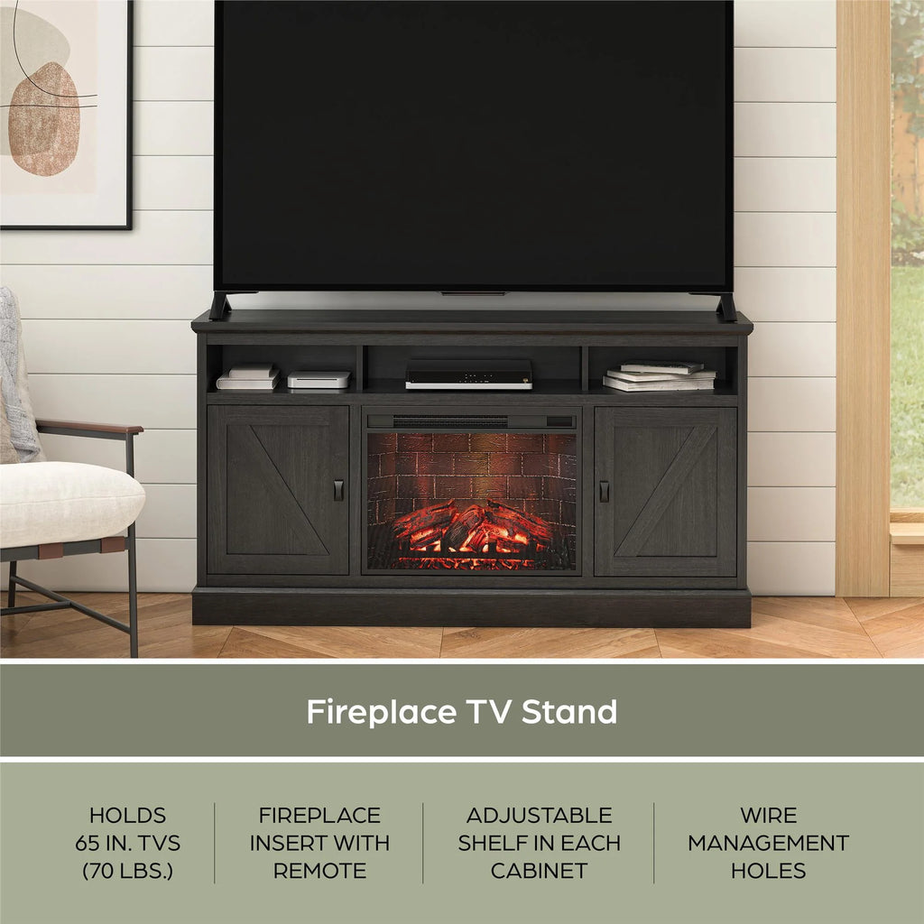 Ameriwood Home Ashton Lane Electric Fireplace TV Stand for TVs up to 65, Black Oak D206311