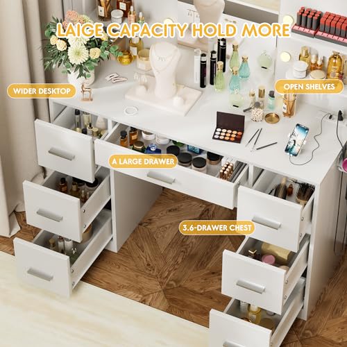VICTONE Vanity Desk with LED Mirror and Power Outlet, White R87811