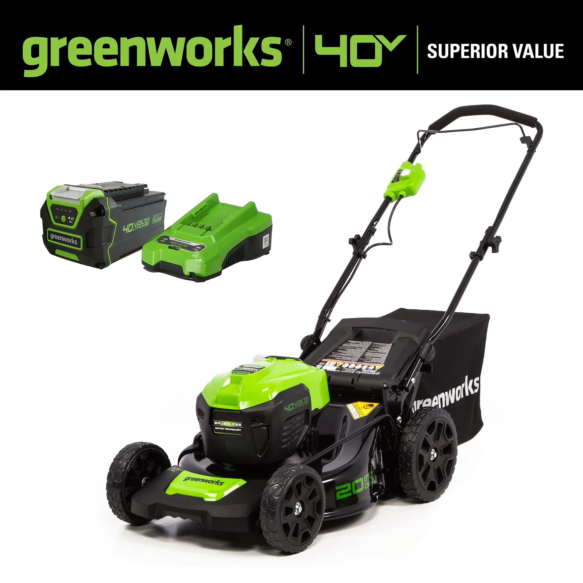 Greenworks 40V 20" Brushless Push Lawn Mower with Battery & Charger Z368