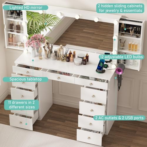 Likein Vanity Desk with Mirror and Lights, White Makeup Dressing Table with 11 Drawers G1478