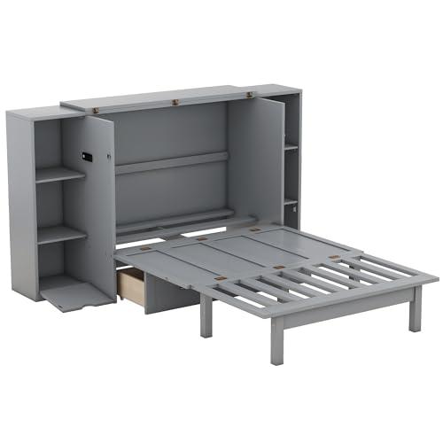 Queen Size Murphy Wall Bed with Storage and Bookcase Headboard, Solid Wood, White F901