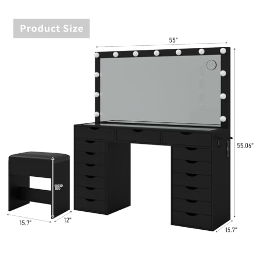White Vanity Desk with Mirror, Lights, Charging Station and Chair C61521