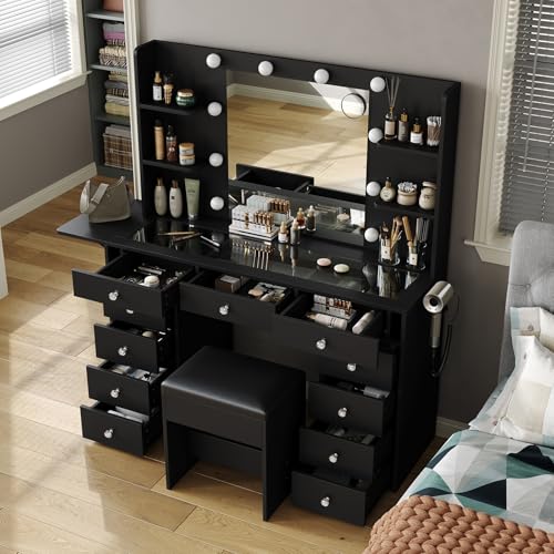 55" Vanity Desk with Charging Station and Lighted Mirror, Black Z765