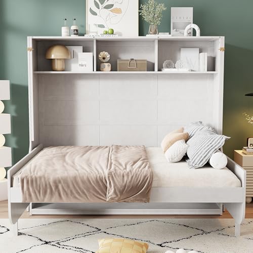 Antique White Solid Wood Full Size Murphy Bed with Desk and Storage Shelves Q958365