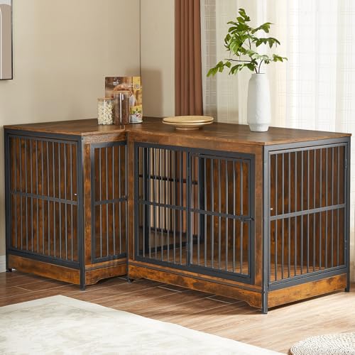 Rovibek 86" Stackable Dog Kennel Furniture with Removable Divider & 3 Doors, Rustic Brown I176