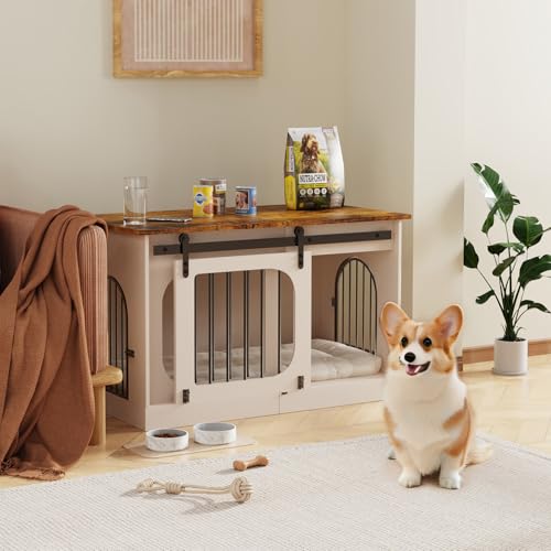 XL Dog Kennel Furniture with Cushion, White Wooden Indoor Pet House S645289