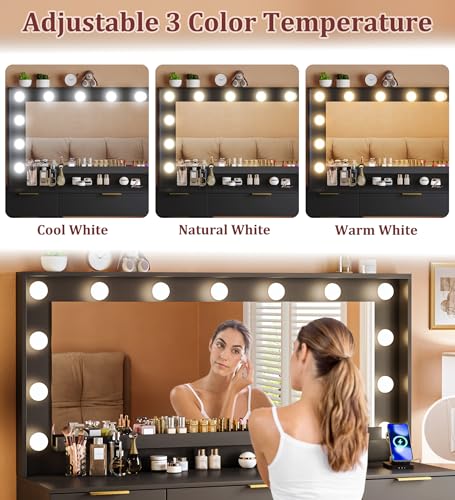 White Vanity Desk with Large Mirror and Lights I322