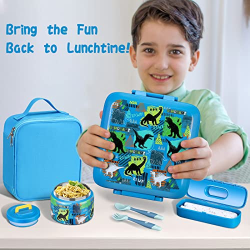Bento Lunch Box for Kids with 5 Compartments and Thermos, Blue Dinosaur G749