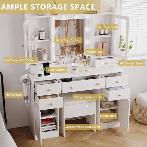 White Makeup Vanity Desk with Mirror, Lights, Storage Drawers & Chair D627