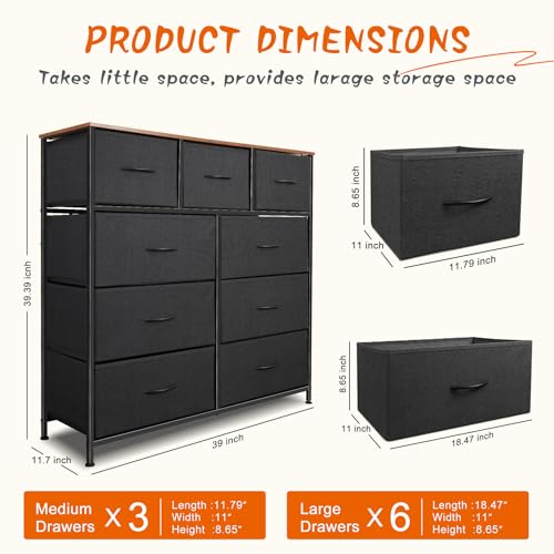 9 Drawer Dresser for Bedroom, Charcoal Black Fabric Storage Chest K84969