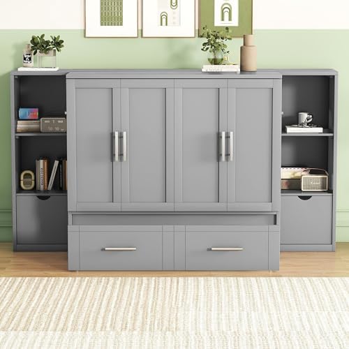 Queen Size Murphy Wall Bed with Storage and Bookcase Headboard, Solid Wood, White F901