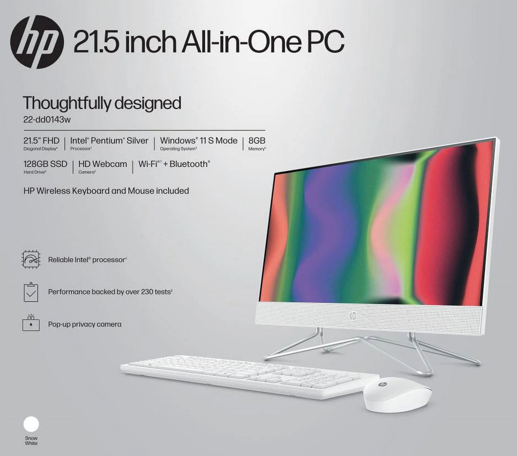 HP 21.5 All-in-One PC, Intel Pentium, 8GB RAM, 128GB SSD, Windows 11 Home, White O9382