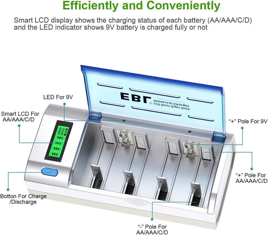 EBL D Cells 10000mAh Rechargeable Batteries with Charger I136563