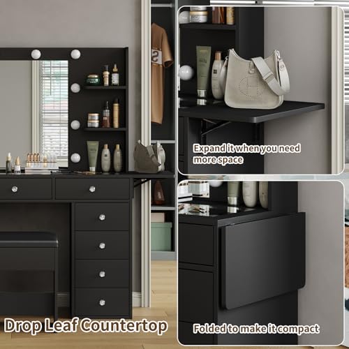 55" Vanity Desk with Charging Station and Lighted Mirror, Black Z765
