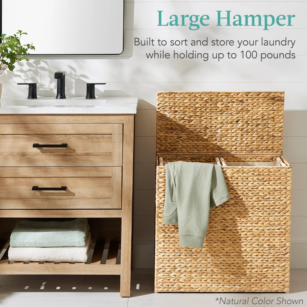 Large Natural Water Hyacinth Double Laundry Hamper Basket with 2 Liner Bags, Espresso H159