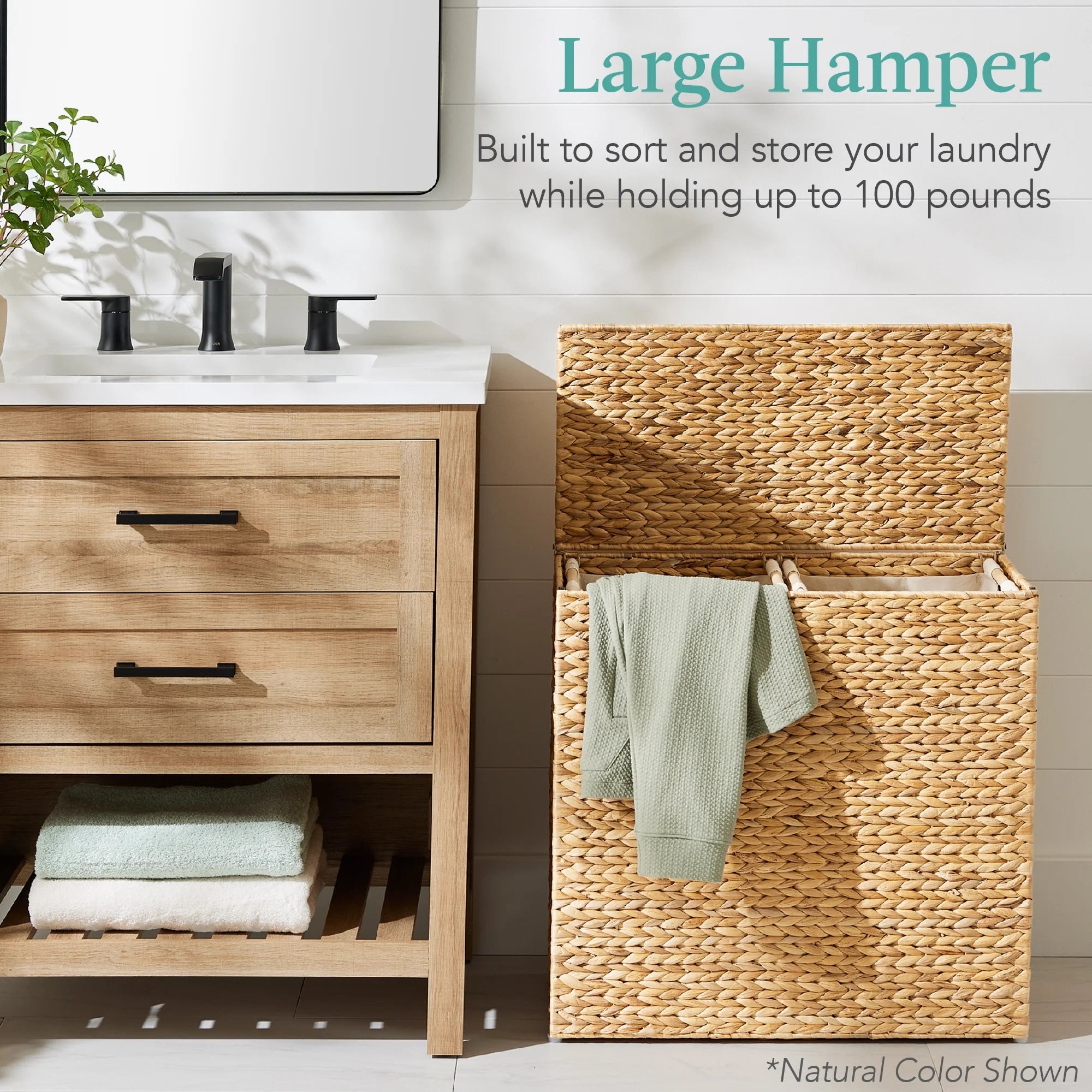 Large Natural Water Hyacinth Double Laundry Hamper Basket with 2 Liner Bags, Espresso H159