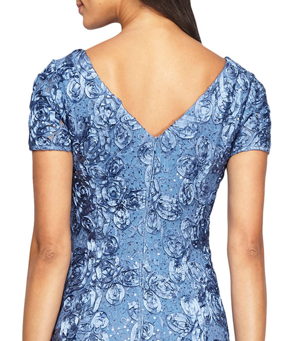Alex Evenings Petite Rosette Lace A-Line Gown Navy D287234