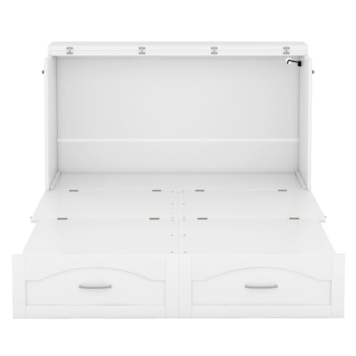 Queen Size Murphy Wall Bed with Storage and Bookcase Headboard, Solid Wood, White F901