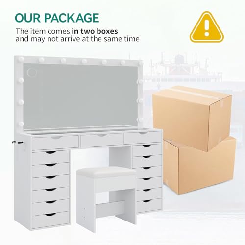White Vanity Desk with Mirror, Lights, Charging Station and Chair C61521