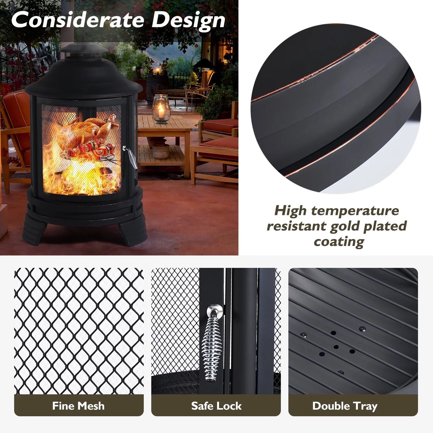 BaPiPro Fire Pit for Outside with Removable Grill, Black Pagoda Y790