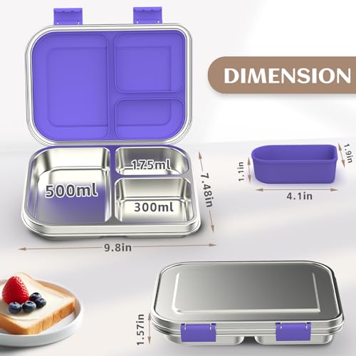 Stainless Steel Bento Box for Kids, 3 Compartments, Leak Proof, Dishwasher Safe, Pink A5921