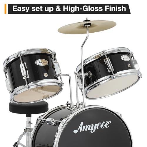 3 Piece Junior Drum Set with Cymbal and Drumsticks, Black X842152