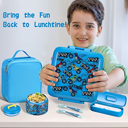 Bento Lunch Box for Kids with 5 Compartments and Thermos, Blue Dinosaur G749