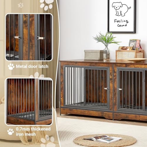 Rovibek 86" Stackable Dog Kennel Furniture with Removable Divider & 3 Doors, Rustic Brown I176