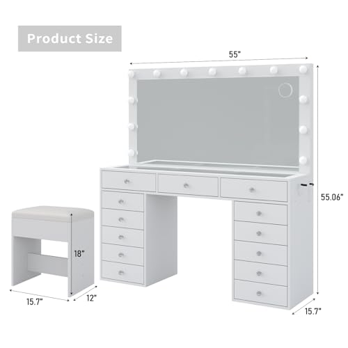 55" Vanity Desk with Charging Station and Lighted Mirror, Black Z765