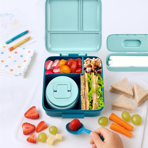 Bento Lunch Box for Kids with 5 Compartments and Thermos, Blue Dinosaur G749