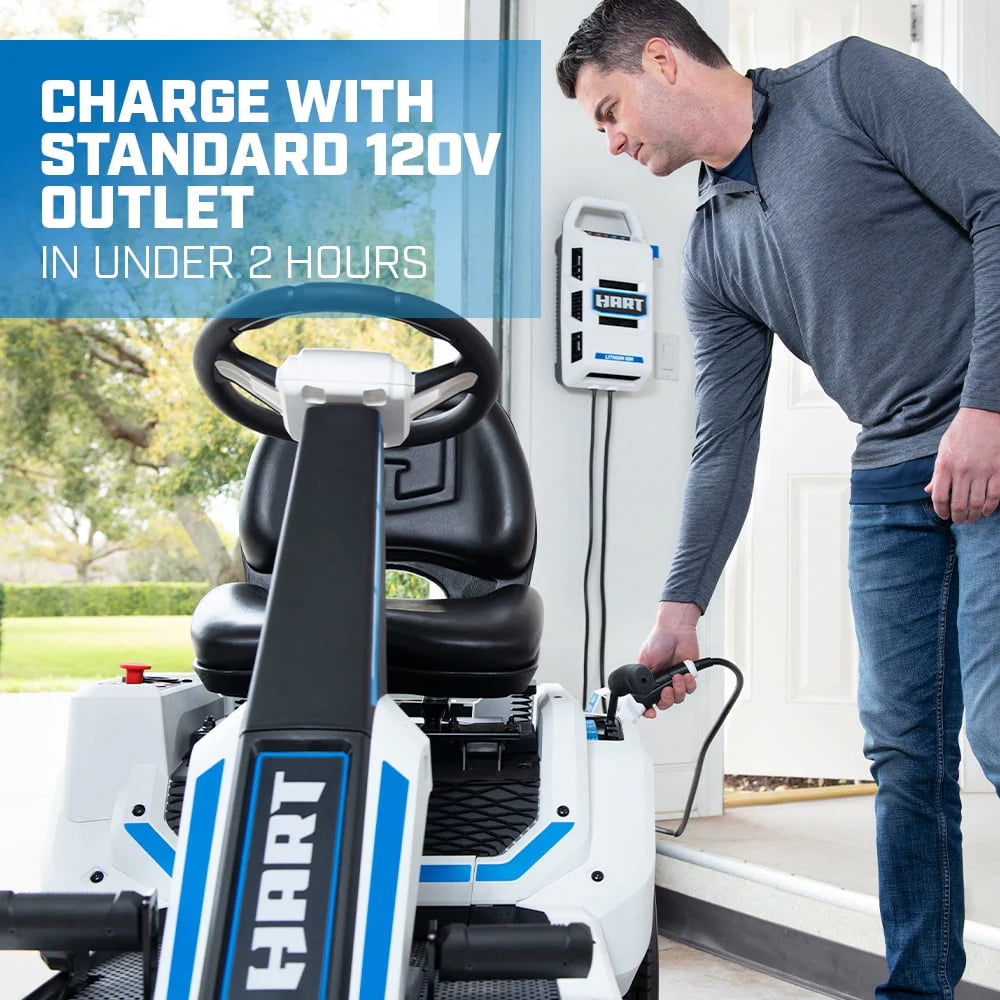 HART 80-Volt 30-inch Lithium-Ion Riding Lawn Mower Kit with Super Charger D621388