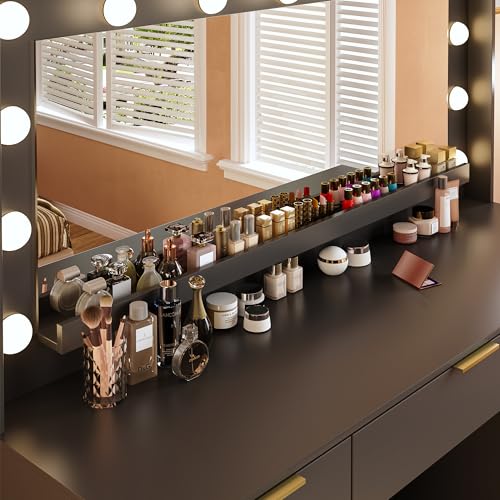 White Vanity Desk with Large Mirror and Lights I322