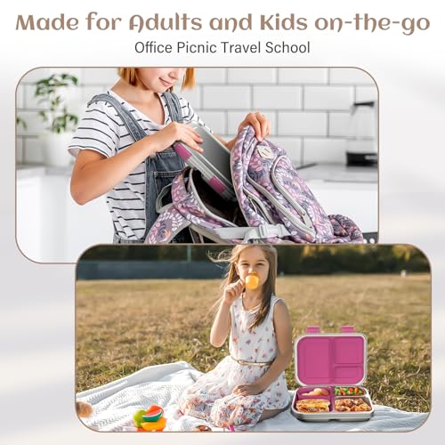 Stainless Steel Bento Box for Kids, 3 Compartments, Leak Proof, Dishwasher Safe, Pink A5921