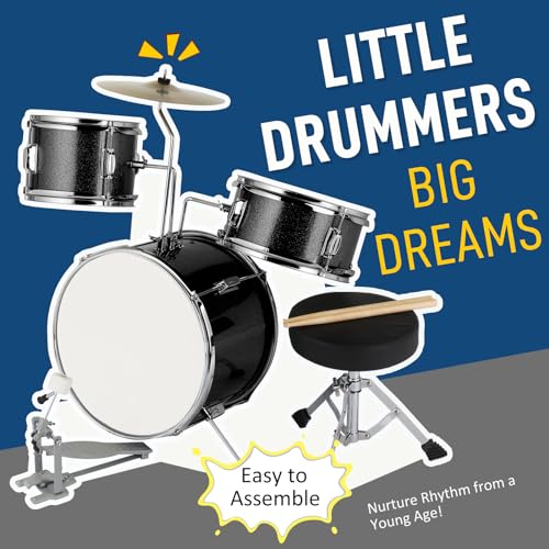 Ktaxon 3-Piece Kids Drum Set with Throne Stool, Pedal & Drumsticks, Black L8657