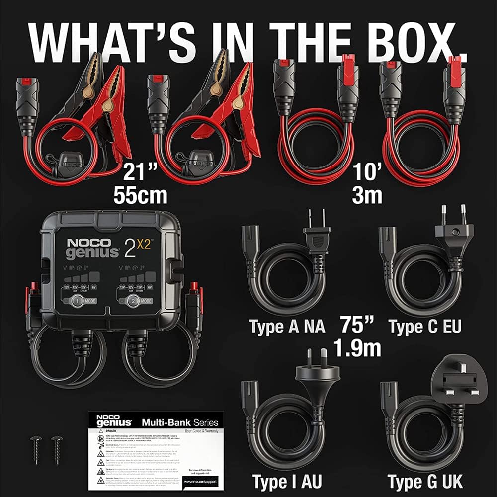 NOCO GENIUS2X2 2-Bank 4-Amp Smart Charger, 6V and 12V Battery Maintainer V34581