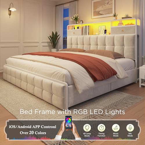 EnHomee King Size Bed Frame with 4 Drawers, Headboard, Charging Station and LED Lights, Grey I310