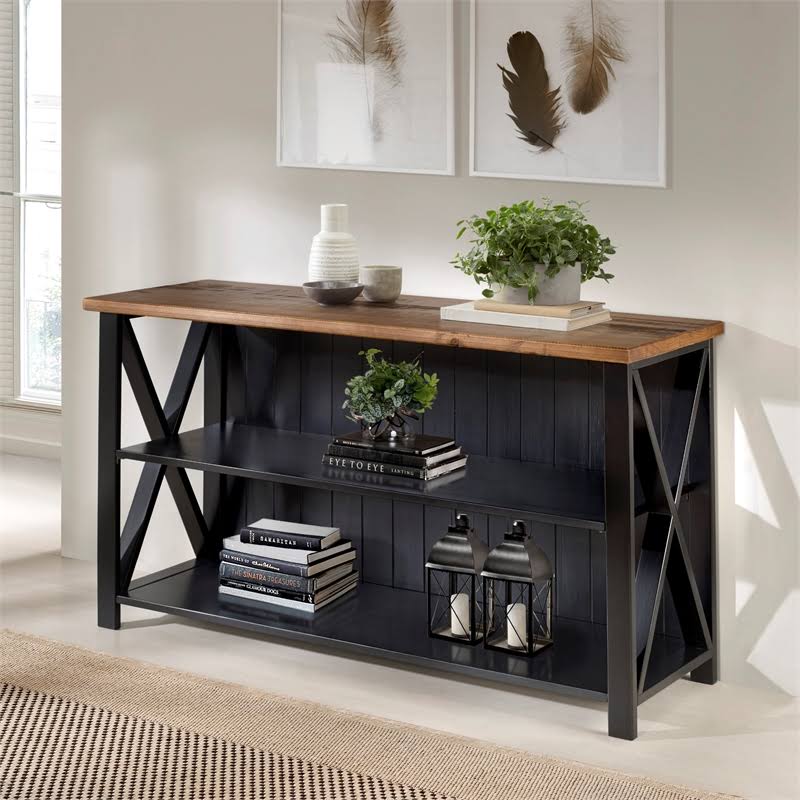 Pemberly Row Solid Wood Farmhouse Storage Console, Barnwood/Black F98902