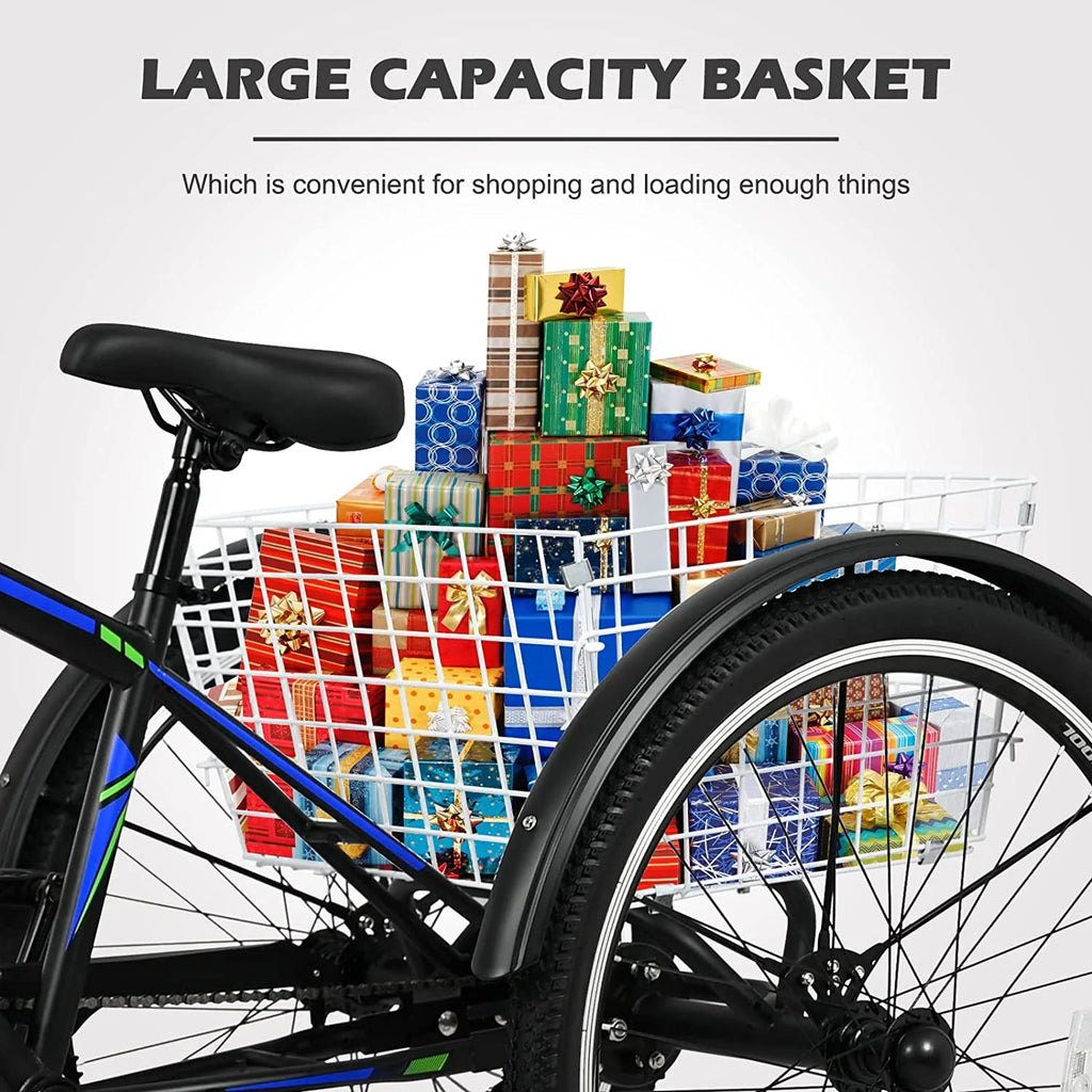 Slsy Mountain Tricycle for Adults, 7 Speed Three Wheel Bike with Cargo Basket I576