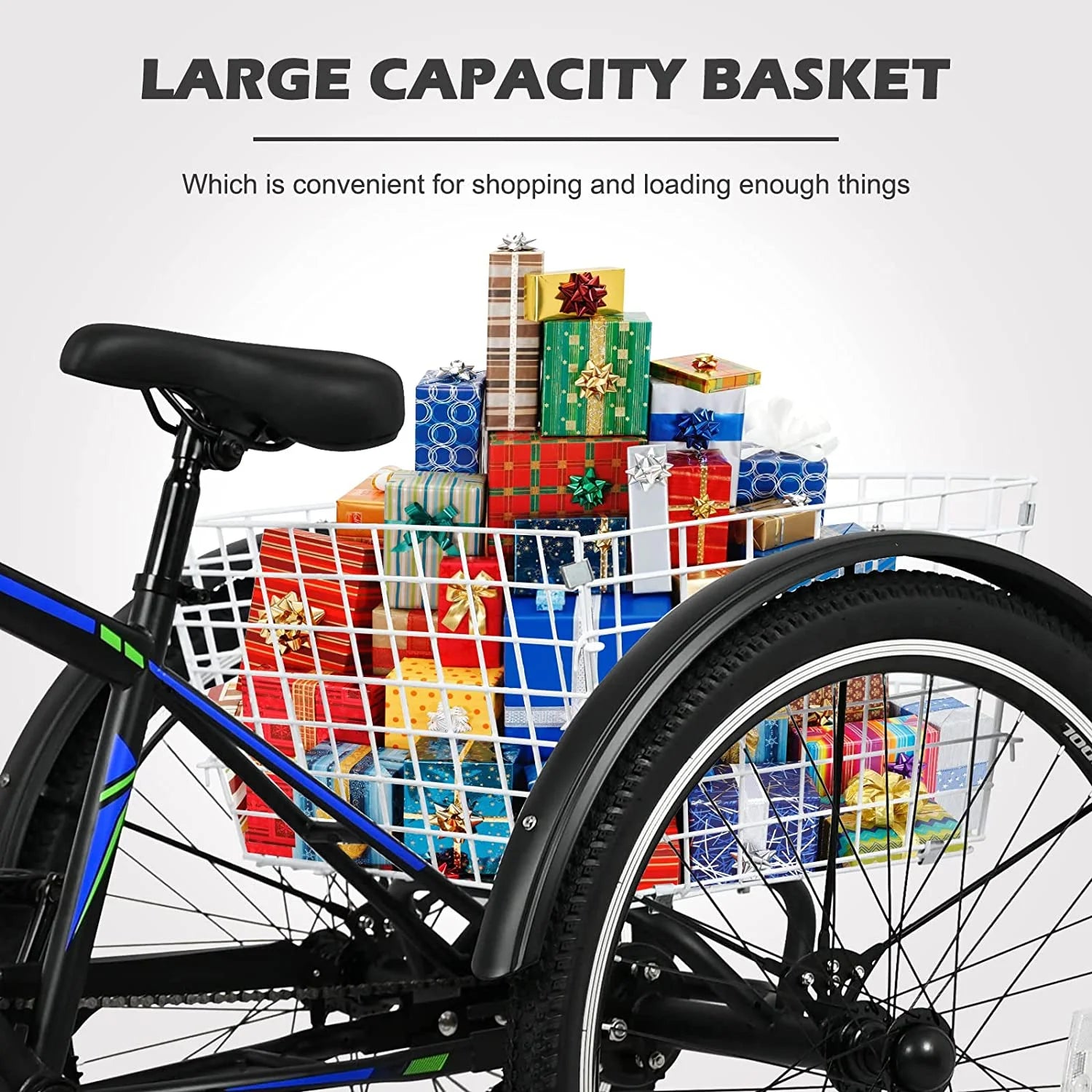 Slsy Mountain Tricycle for Adults, 7 Speed Three Wheel Bike with Cargo Basket I576