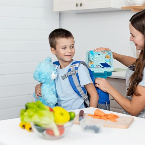 Bento Lunch Box for Kids with 5 Compartments and Thermos, Blue Dinosaur G749
