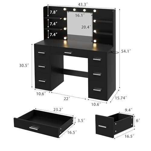 Furmax Vanity Desk with Mirror, LED Lights and Power Outlet, White O83814