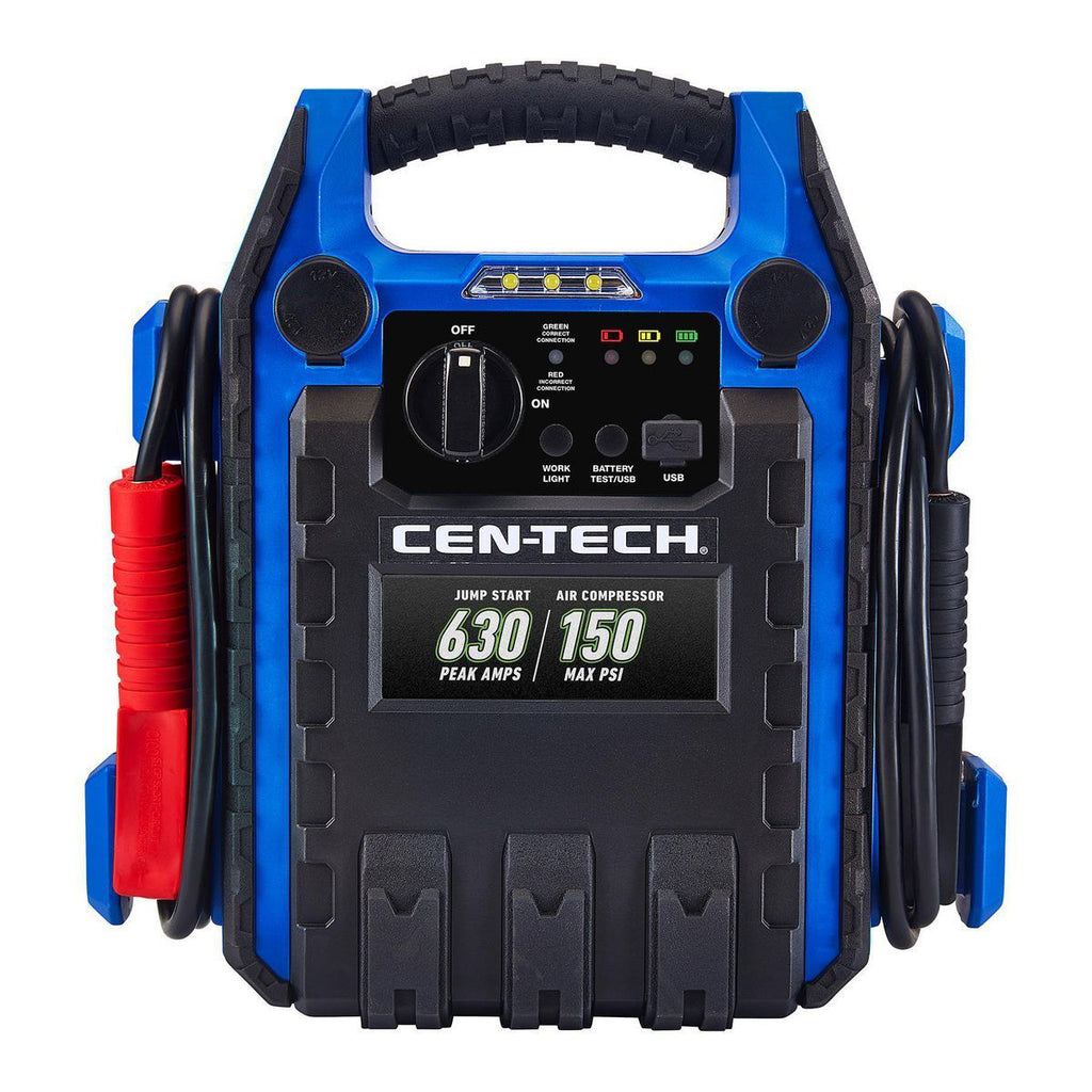 CEN-TECH 630 Peak Amp Portable Car Jump Starter with 150 PSI Air Compressor V5860