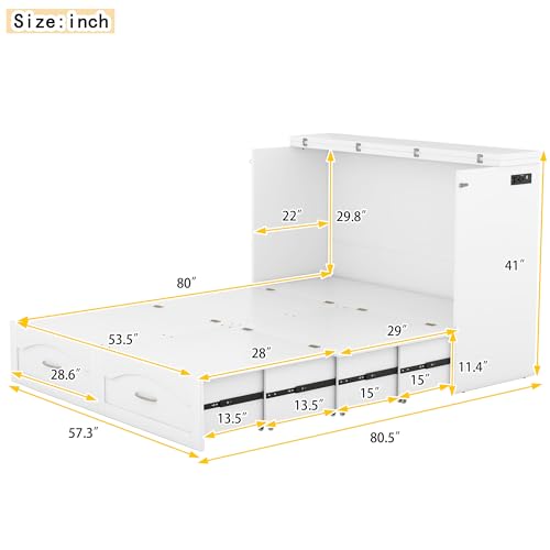 Queen Size Murphy Wall Bed with Storage and Bookcase Headboard, Solid Wood, White F901