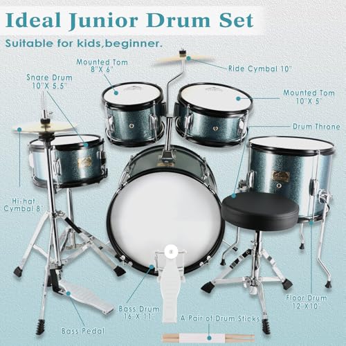 EASTROCK Kids Drum Set 5-Piece 16 Inches Junior Drum Kit with Throne, Cymbal, Pedal & Sticks U617814
